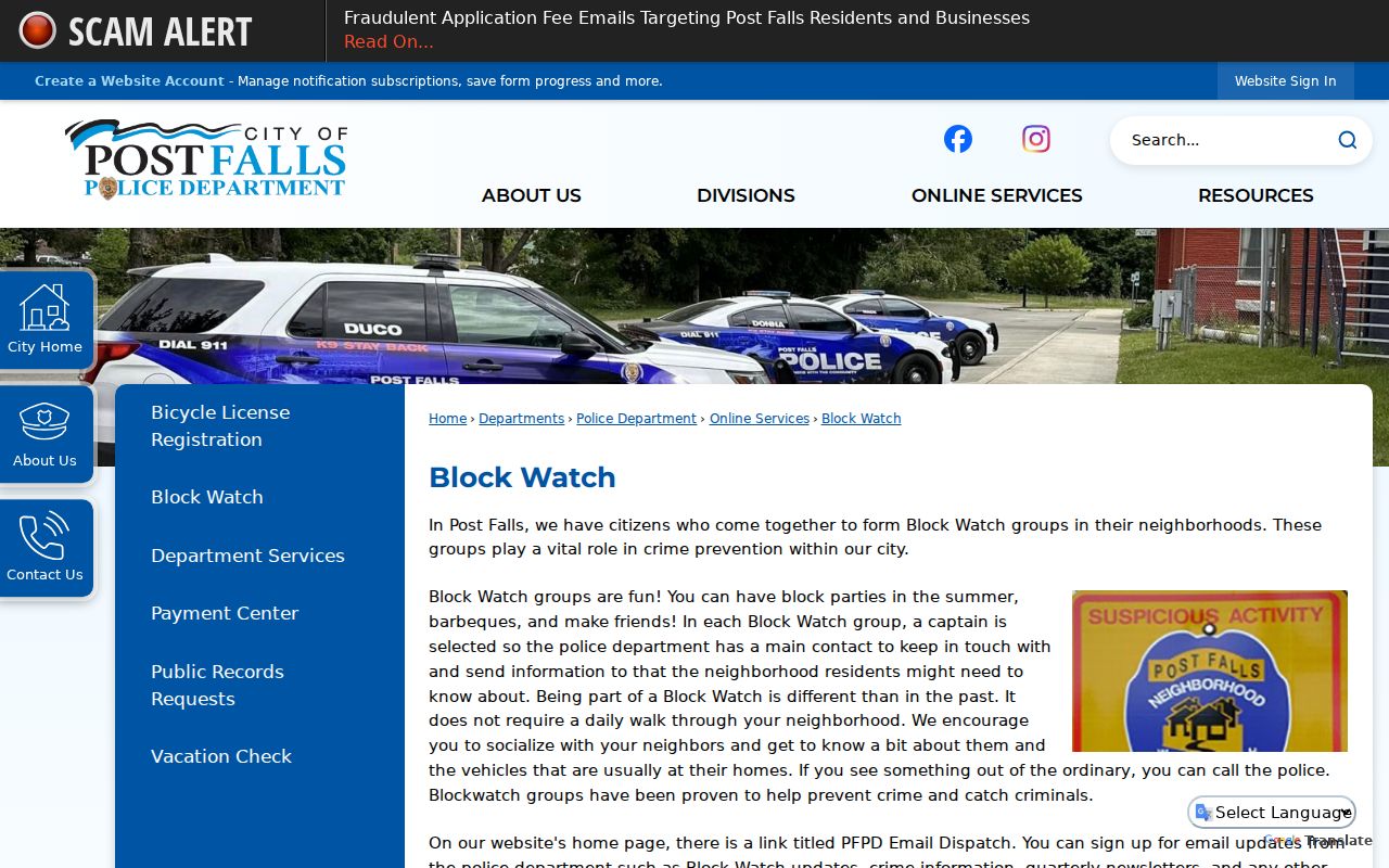 City of Post Falls Block Watch program and neighborhood contact route