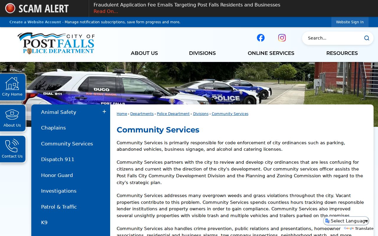 Post Falls Community Services page for neighborhood and association routing