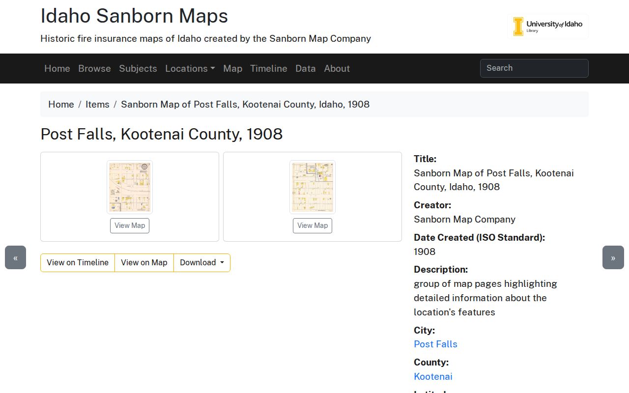 University of Idaho page for the 1908 Post Falls Sanborn maps