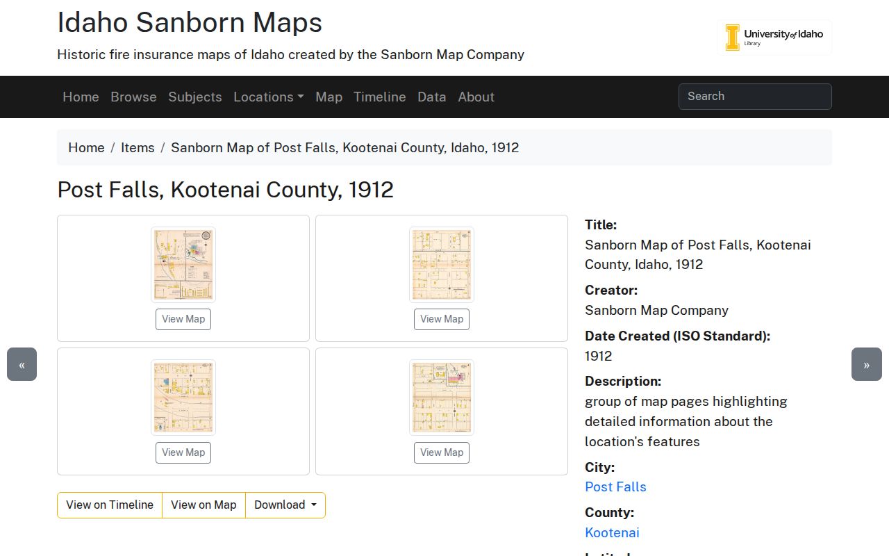 University of Idaho page for the 1912 Post Falls Sanborn map collection