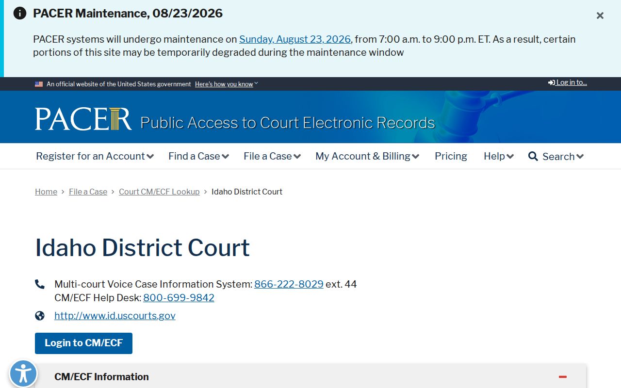 District of Idaho PACER court lookup page for a Post Falls resident search