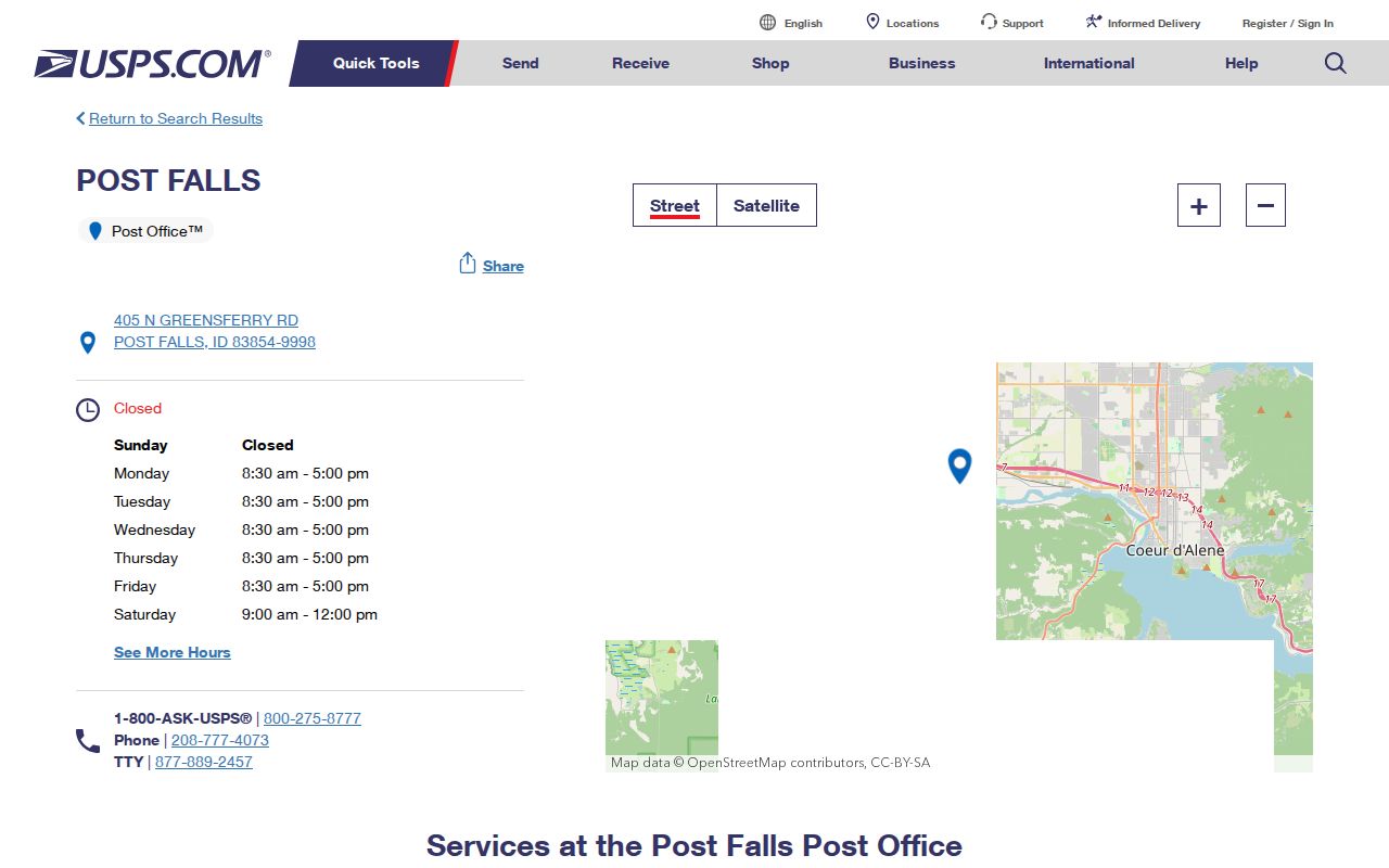 USPS Post Falls Post Office details for ZIP code 83854